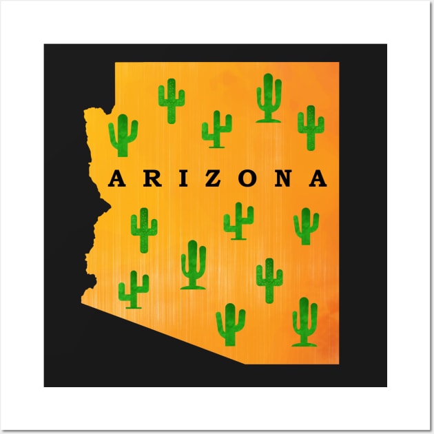 Arizona State Map with Sunset Sky and Cactus Wall Art by Star58